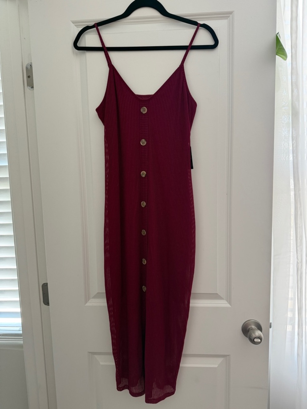 Express Burgundy Ribbed Button-Front Midi Dress